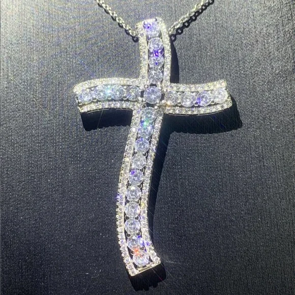 New Men Women 925 Silver Big Diamond Pendant Cross Necklace - Picture 6 of 6
